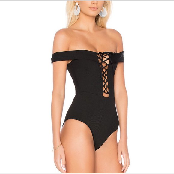 l*space Other - L*SPACE OFF-THE-SHOULDER BLACK RIBBED LACE-UP ANJA ONE PIECE BANDEAU SWIMSUIT